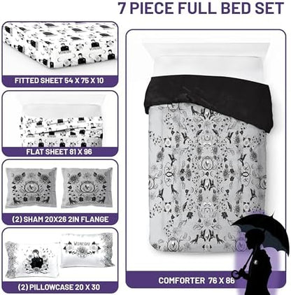Wednesday Addams Full Size Comforter Set 7 Piece Floral Bedding, Gray