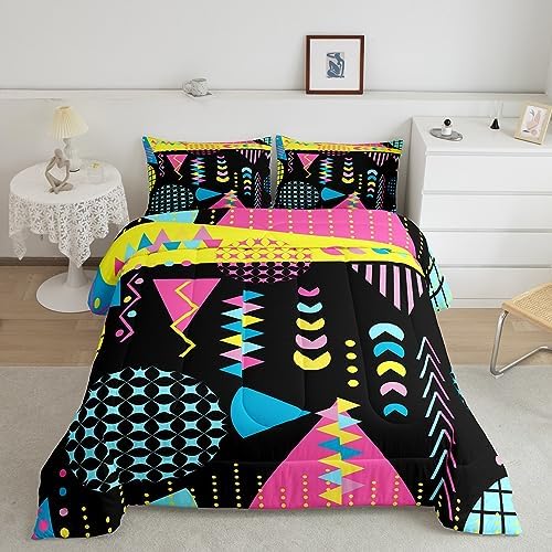 Manfei Memphis Comforter Set Queen Size, Retro 80s 90s Fashion Style Bedding Set 3pcs for Kids Boys Girls, Colorful Geometric Abstract Quilt Set Soft Polyester Duvet Set with 2 Pillowcases