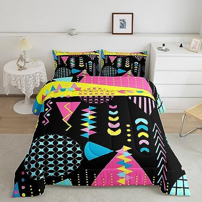 Manfei Memphis Comforter Set Queen Size, Retro 80s 90s Fashion Style Bedding Set 3pcs for Kids Boys Girls, Colorful Geometric Abstract Quilt Set Soft Polyester Duvet Set with 2 Pillowcases