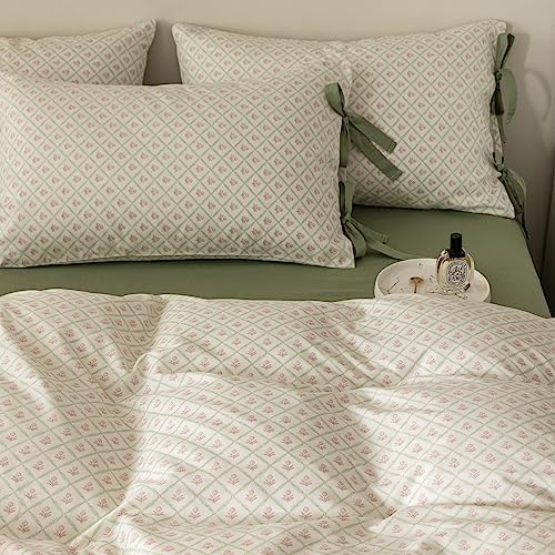 VM VOUGEMARKET Red Flower Duvet Cover Set Queen Green Grid Duvet Cover with 2 Bow Ties Pillowcases 100% Cotton Vintage Country Style Girls Comforter Cover with Zipper Closure