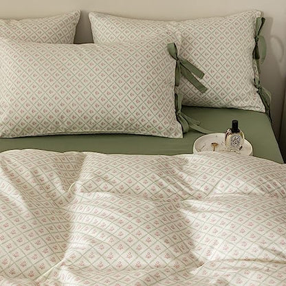 VM VOUGEMARKET Red Flower Duvet Cover Set Queen Green Grid Duvet Cover with 2 Bow Ties Pillowcases 100% Cotton Vintage Country Style Girls Comforter Cover with Zipper Closure