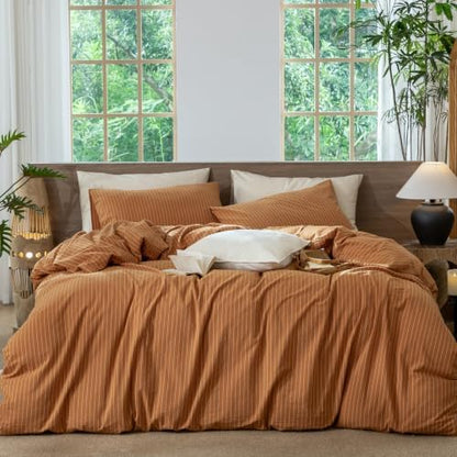 MooMee Striped Duvet Cover Set 100% Washed Cotton Linen Like Queen