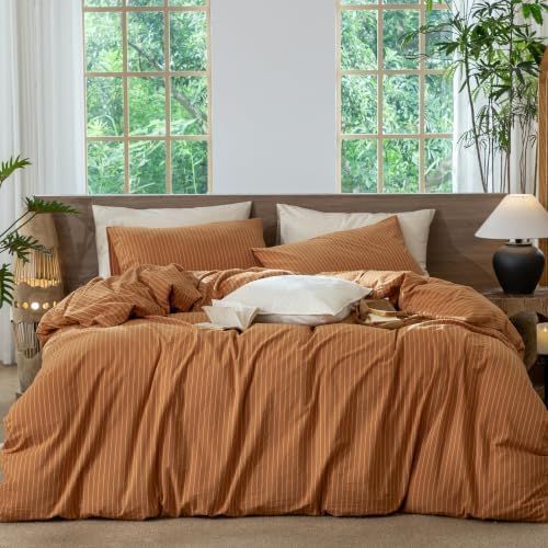 MooMee Striped Duvet Cover Set 100% Washed Cotton Linen Like King