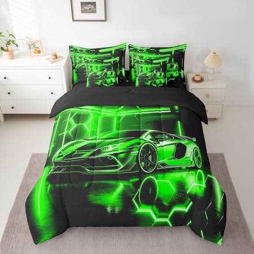 Feelyou Speed Sports Car Comforter Set with Sheets Twin Size Kids Race Car Honeycomb 7 Pieces Bedding Set for Boys Girls Teens Racing Car Bed in a Bag Extreme Sports Bed Set Green Black