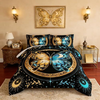 Butterfly Comforter Boho Bedding Sets Full Size,Blue Gold Sun and Moon Printed Comforter Bedding Sets for Kids Teens Girls Room Decor,Aesthetics Butterfly Comforter Sets with 2 Pillowcases.