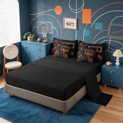 Erosebridal Basketball Games Boys Kids 7 Piece Bedding Set Twin | Gaming Ball Pattern Comforter Set with Sheets Sports Theme Bed in A Bag Black Orange Bed Sets