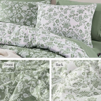 BLOOMHAVEN Full Size Comforter Sets-7 Pieces Green Floral Bed in a Bag