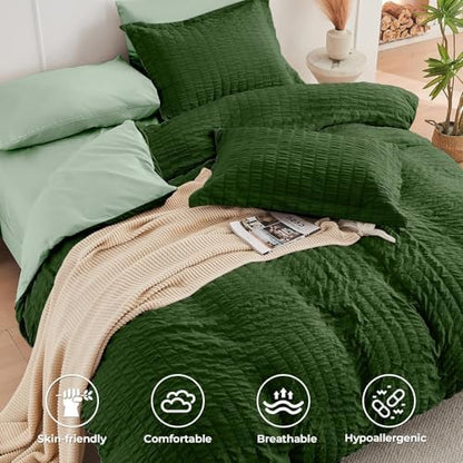 HYMOKEGE Dark Green/Sage Green King Size Comforter Set Seersucker 7 Pieces, All Season Luxury Bed in a Bag for Bedroom, Bedding Set with Comforter, Sheets, Pillowcases & Shams