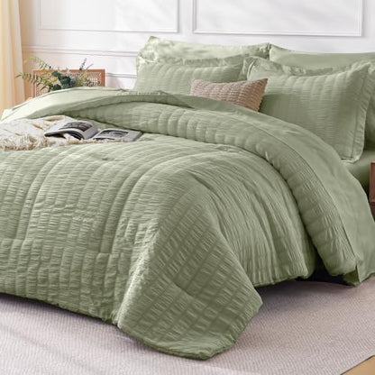 FreshCulture Comforter Set Seersucker 5 Pieces, All Season Bedding Set Twin XL, Bed in a Bag Comforter Set with Comforter, Flat Sheet, Fitted Sheet, Pillowcase and Pillow Sham, Sage