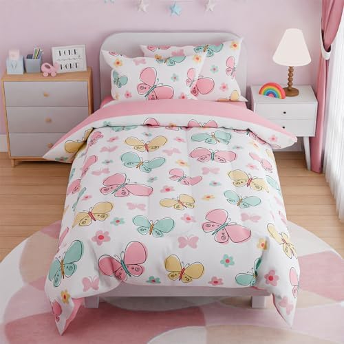 SANDJEST Butterfly Full Bedding Sets for Girls, Ultra Soft Microfiber Comforter Set with 4-Pieces, Bed Sets for Kid Tween Teen Bedroom Decor
