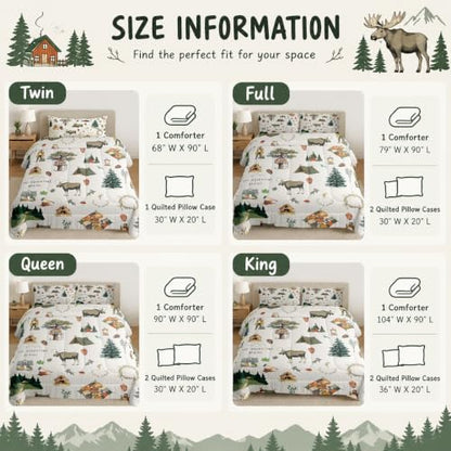 Homewish Cartoon Camper Comforter Set Twin Size Jungle Adventure Travel Bedding Set Wild Elk Animals Mountain Trees Quilt Set for Kids Boys Teens Men Bedroom Decor Happy Camping Duvet Insert 2pcs