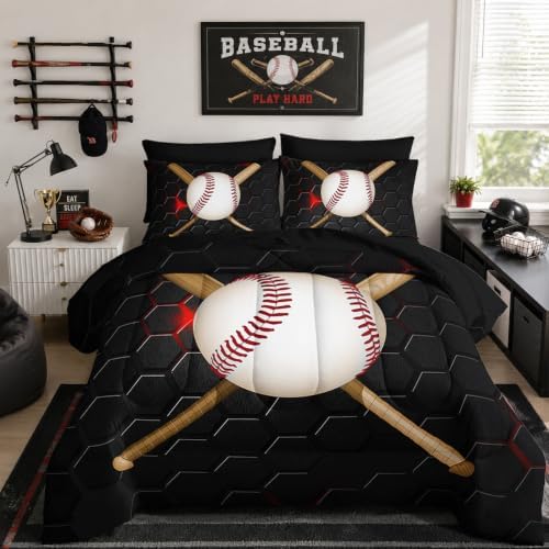 HOSIMA Teens 7Pcs Baseball King Comforter Set with Sheets Sports Bedding.
