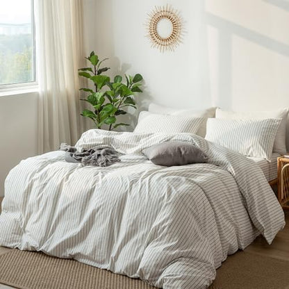 MooMee Striped Duvet Cover Set 100% Washed Cotton Linen Like Queen