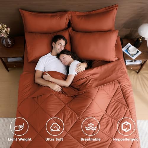 HEVUMYI 7-Piece California King Comforter Set, Burnt Orange Bed in a Bag