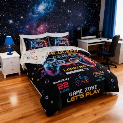 Full Size Bedding Set for Boys, Kids Teens Gamer Comforter Set 5 Pieces