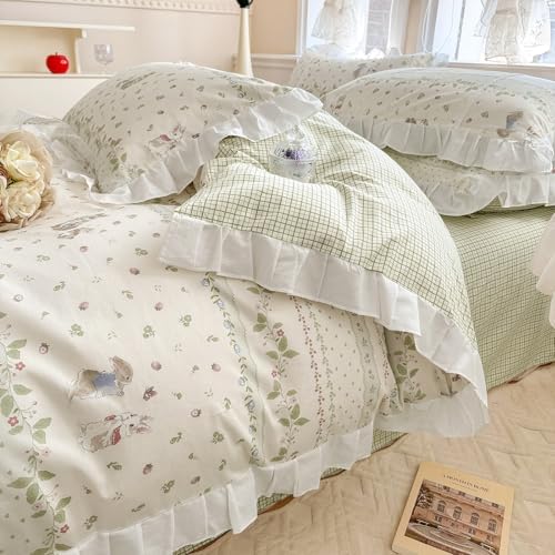 VM VOUGEMARKET Ruffle Duvet Cover Twin with Leaves Rabbit Pattern Reversible Green Grid Duvet Cover with Zipper Ties 100% Cotton Romantic Girls White Lace Comforter Cover with 2 Pillow Shams
