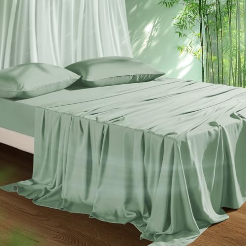 Cooling Sheets Set Queen Size, Viscose Derived from Bamboo for Hot Sleepers | Deep Pocket Up to 16 Inch | Silky Soft & Breathable Bedding - 4PC (Queen, Sage Green)