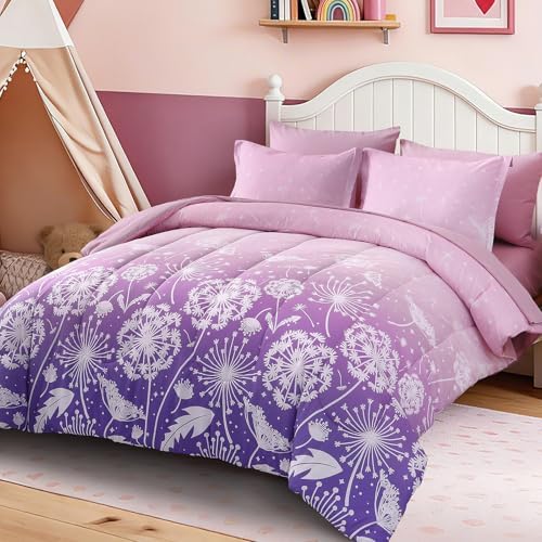 Dinjoy Girls Comforter Set 5 Pieces, Twin Size Colorful Ombre Rainbow Bedding Set, Bed in A Bag for Kid Teen Girls (1 Comforter, 1 Flat Sheet, 1 Fitted Sheet, 1 Pillow Shams, 1 Pillowcases)
