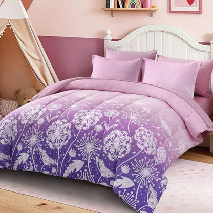 Dinjoy Girls Comforter Set 5 Pieces, Twin Size Colorful Ombre Rainbow Bedding Set, Bed in A Bag for Kid Teen Girls (1 Comforter, 1 Flat Sheet, 1 Fitted Sheet, 1 Pillow Shams, 1 Pillowcases)