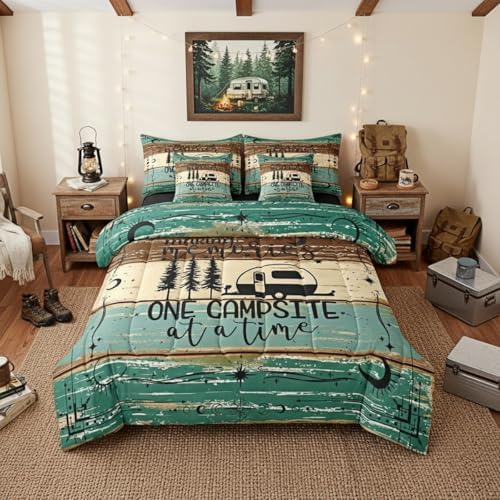 Erosebridal Camper Decor 7 Piece Twin Bed Set - Includes Comforter & Sheet Set Happy Camping Bedding - Rustic Farmhouse Vintage Wooden Door Bedding Comforter Sets for Kids Teens Adult, Green Brown