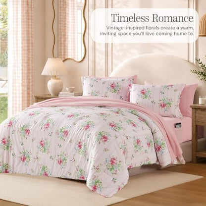 BLOOMHAVEN Twin XL Comforter Set-5 Pieces Pink Floral Bed in a Bag