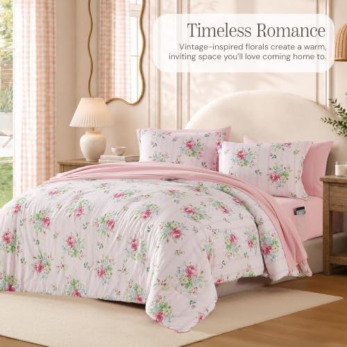 BLOOMHAVEN Full Size Comforter Sets-7 Pieces Pink Floral Bed in a Bag