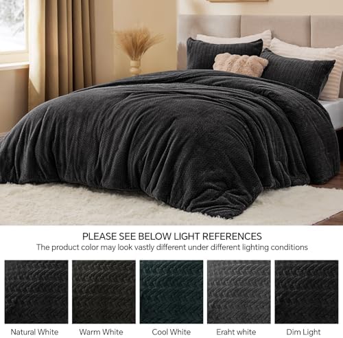 ChiXpace Fleece King Size Comforter Set Black, Fluffy Bed Set 3 Pieces