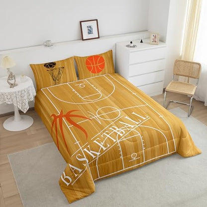 Erosebridal Basketball Comforter Set Queen for Boys Kids Sports Bedding Set, Basketball Court Bedding Comforter Sets Brown Duvet, Ball Game Gaming Gamer Quilted Comforter (1 Comforter + 2 Pillowcase)