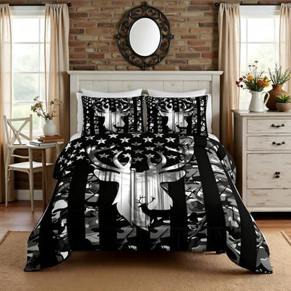Black Grey Camo Comforter Set Queen,Camouflage American Flag Bedding Set, Deer Antlers Silhouette Quilt Set 3 Pcs for Kids Teens Adults Room Decor,Wild Animal Natural Duvet Insert with 2 Pillowcases