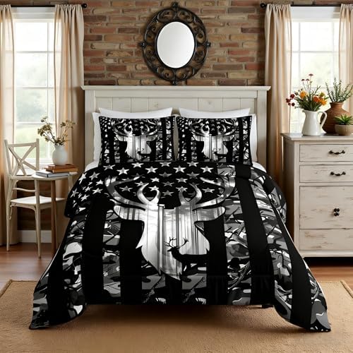 Manfei Deer Antlers Silhouette Comforter Set Twin,Camouflage American Flag Bedding Set, Wild Animal Natural Quilt Set 2 Pcs for Kids Teens Adults Room Decor,Black Grey Duvet Insert with 1 Pillowcase
