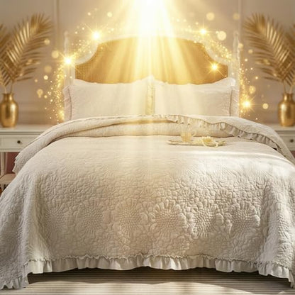 BOV Dark Grey Ruffled Quilt Set King, Stone-Washed Farmhouse Bedding