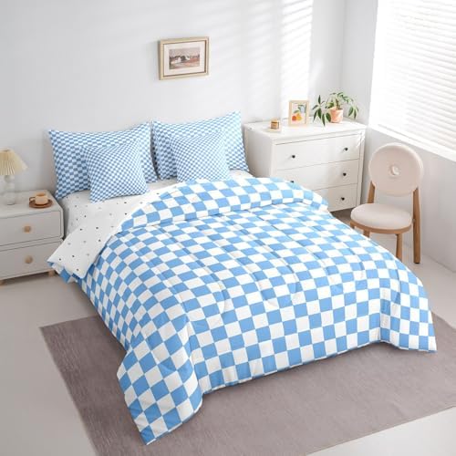 jejeloiu Blue Bedding Set 7Pcs Queen Size Kids Plaid Checkered Comforter Set with Sheets for Boys Girls Classic Grid Buffalo Check Bed in a Bag Soft Lightweight,Microfiber