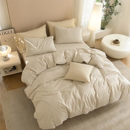 JIYUAN Super Queen Washed Cotton Duvet Cover Set Linen-Like Pinstripe
