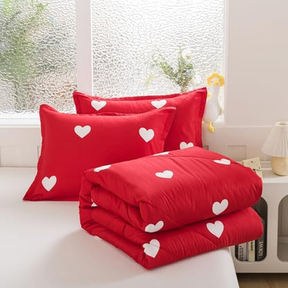 Caressma Love Queen Comforter Set - Romantic White Heart Print Red Bedding Comforter 3 Pieces Matching Pillowshams