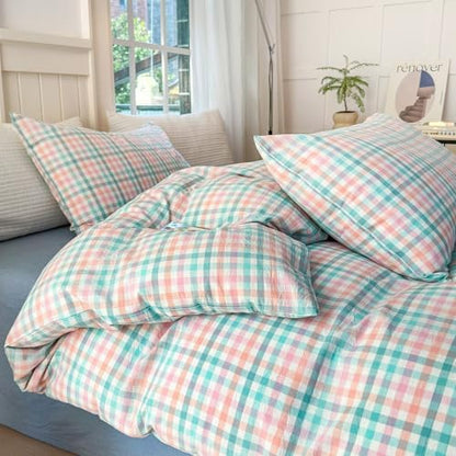 LifeTB Queen Comforter Set Multi-Colored Gingham Comforter Modern Style Checkered Pattern Comforter Set Colorful Grid Plaid Bedding Comforter Fluffy Soft Lightweight Grid Bedding Set Breathable