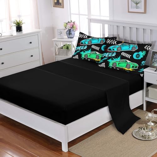 HOSIMA 7Pcs Black Cartoon Sports Race Car Queen Comforter Set with Sheets.