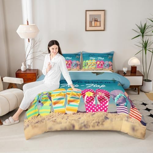 Ocean Beach Bedding Set King Size Colorful Flip Flops Comforter Set 3pcs Retro Summer Holiday Themed Quilted Duvet for Kids Teens Room Decor Women Men Romantic Hawaii Duvet Insert,2 Pillowcases