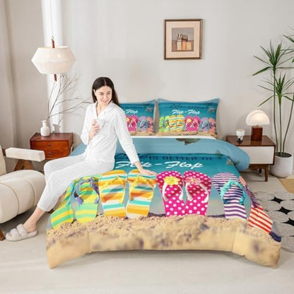 Ocean Beach Bedding Set King Size Colorful Flip Flops Comforter Set 3pcs Retro Summer Holiday Themed Quilted Duvet for Kids Teens Room Decor Women Men Romantic Hawaii Duvet Insert,2 Pillowcases
