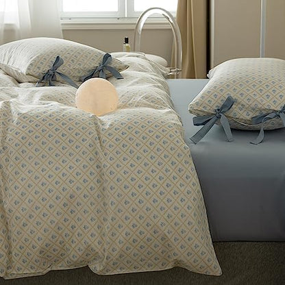 LifeTB Botanical Flower Comforter Set King Size Chic Blue Floral Bedding Comforter Vintage Style King Bed Comforter with 2 Bow Tie Pillowcases Boho Farmhouse Bedding Floral Aesthetic Comforter Set