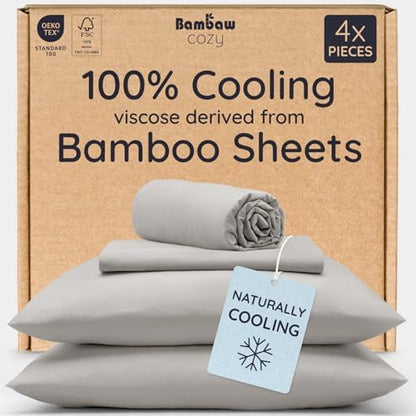 Bambaw California King Sheet Set 4pcs – 100% Viscose Derived from Bamboo Deep Pocket Sheets, Fits Up to 16'' Mattresses, Cooling Bed Sheets California King, Soft Bedsheets (Moonlight Gray)