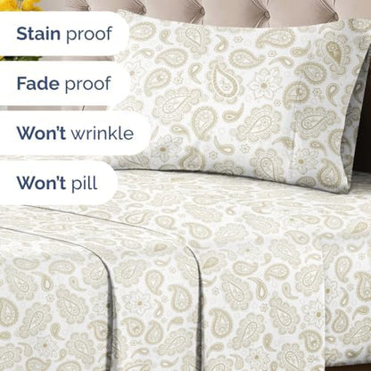 Twin 3 Piece Floral Sheet Set - Soft, Breathable & Cooling - Taupe Paisley