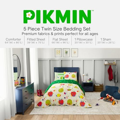 Nintendo Pikmin Game Kids Bedding Set, Twin Size 5 Piece Comforter and Sheet Set with Sham, (Officially Licensed Product) by Franco