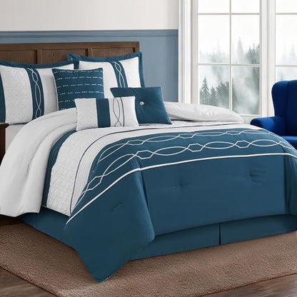 LANCO MODERN LIFESTYLE 7 Piece Comforter Set, Queen, Green Geometric Clip Design, 100% Polyester, Luxury All Seasons Bed Set Includes Comforter, Bed Skirt, Pillow Shams, and Decorative Pillows