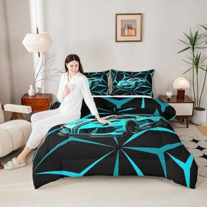 Castle Fairy Teal Speed Race Car Comforter Set Toddler Size,Extreme Sport Theme Abstract Geometric Lines Bedding Set,Kids Teens Adult Room Decor,Racing Car Down Comforter,2 Pcs 1 Pillowcase
