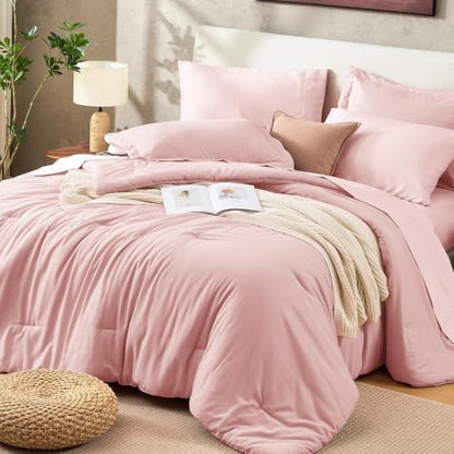 Sasttie King Comforter Set 7-Piece Pink, Pre-Washed Bed in a Bag