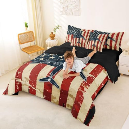 Erosebridal 7 Pcs American Flag Airplane Comforter Set Full Military Airplane Bedding Set with Sheets for Boys Kids Teens Men Vintage Patriotic Bed in A Bag Navy Plane Bed Sets for Aviation Lovers
