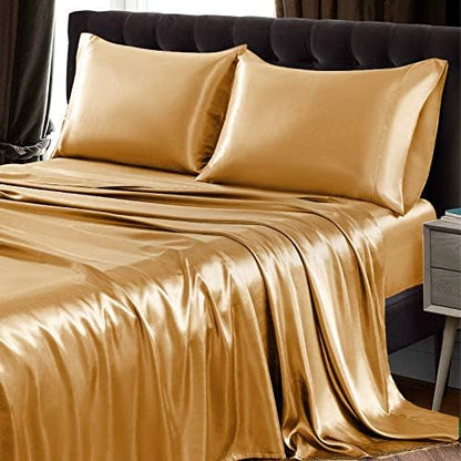 SiinvdaBZX 3Pcs Satin Sheet Set Twin Size 15-Inch Deep Pocket, Gold