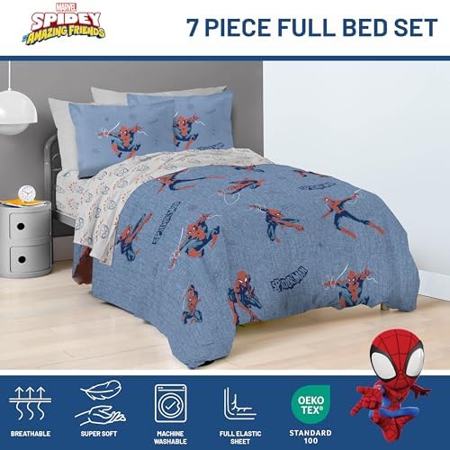 Marvel Spiderman Full Comforter Set 7 Piece Bedding for Boys, Blue