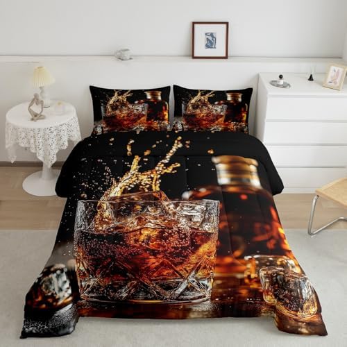 Whisky Drinks Kids Comforter Set Full Size,Whiskey Malt Liquor Drinking Bedding Set,Girls Boys Room Decor,Bar Beer Glass Quilt Comforter,Western Fashion Duvet Insert,2 Pillowcases