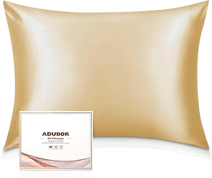 Adubor 100% Silk Pillowcase - Mulberry Silk Pillow Cases, 22 Momme 6A Grade Fibers, Silk Pillow Case for Hair and Skin Health, with Hidden Zipper (King 20''×36'', Gold, 1PC)